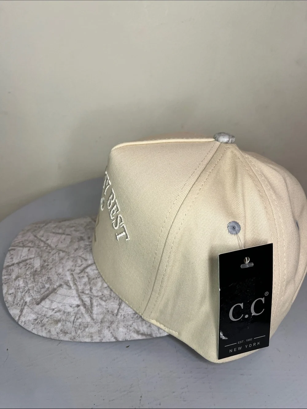 C.C Beige 'Doing My Best' Embroidered Cap with Marbled Gray Bill NEW